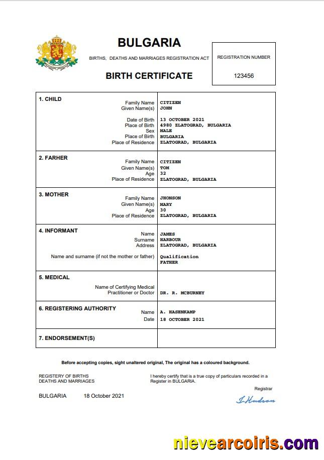 Bulgaria vital record birth certificate